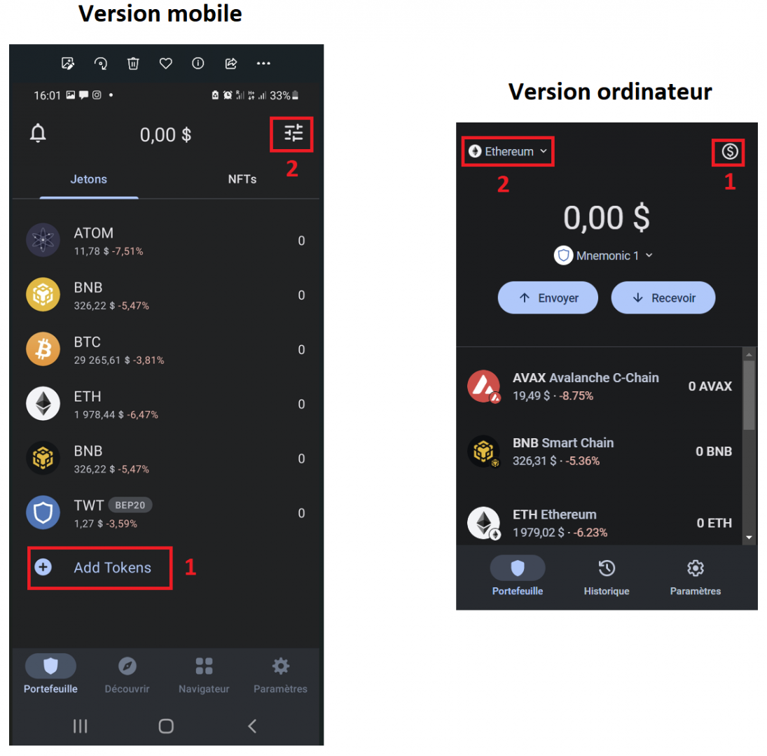 Ajout tokens et blockchains sur Trust Wallet