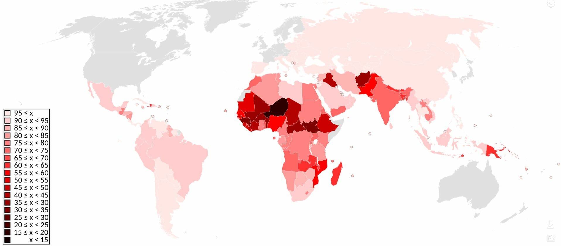 Même les plus simples applications permettant de payer avec des cryptomonnaies demandent de savoir lire. Or, un simple coup d'œil à la carte ci-dessous permet de se rendre compte que ce n'est pas un savoir universel et que l'Afrique reste en retrait par rapport au reste du monde.