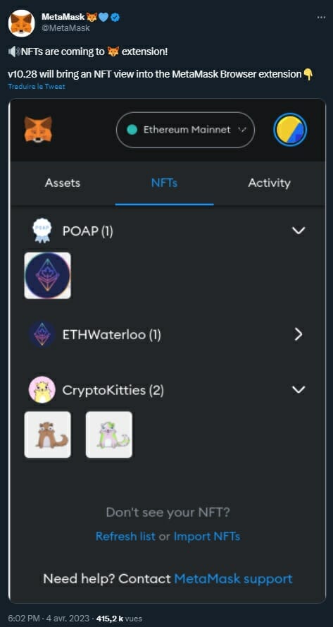 Les NFT peuvent enfin être gérés directement depuis votre wallet Metamask.