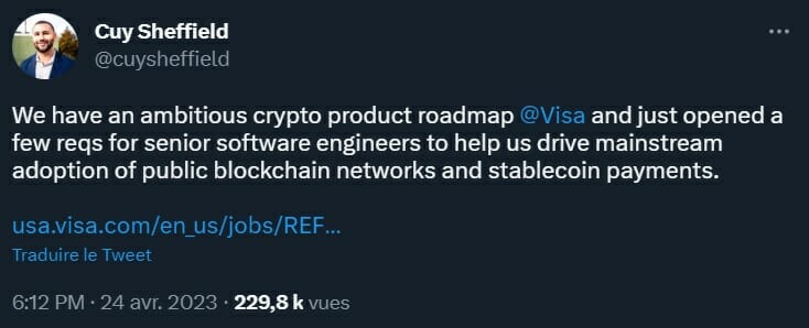 Le directeur du pôle crypto de Visa lance de nouvelles offres d'emploi pour des programmeurs expérimentés dans le secteur blockchain.