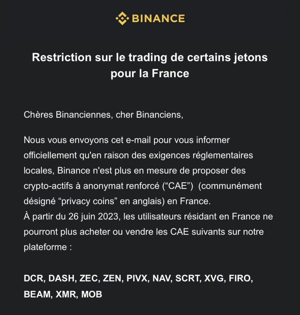 Binance retire les cryptomonnaies à protection renforcée de la vie privée.