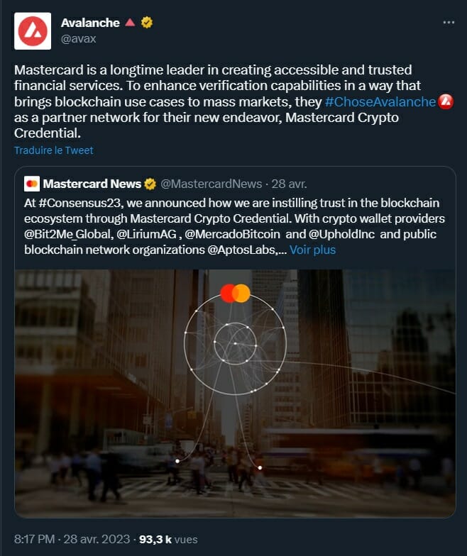 Avalanche est l'une des blockchains choisies par Mastercard pour le développement de son projet de services de paiement.