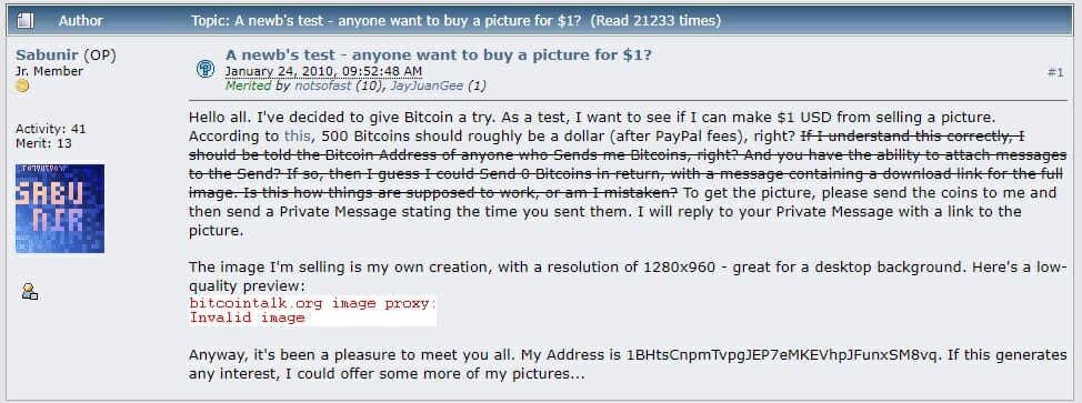 Un internaute sur le forum BitcoinTalk propose d'échanger une image contre des bitcoins.