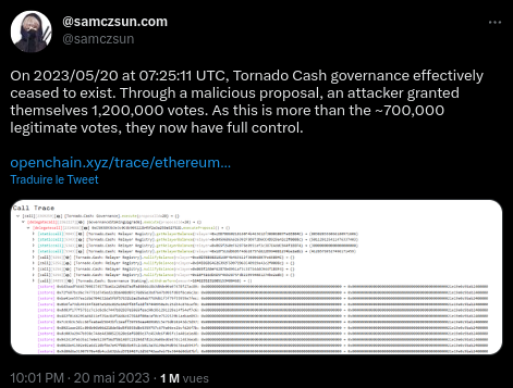 Samczsun alerte sur l'attaque de gouvernance de Tornado Cash