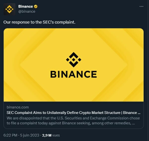 Binance répond aux attaques de la SEC en réfutant les accusations.