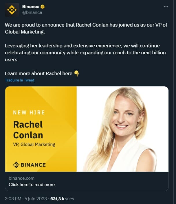 Binance recrute une nouvelle responsable marketing, Rachel Conlan. Un timing plutôt mauvais au moment où l'entreprise se fait attaquer par la SEC.