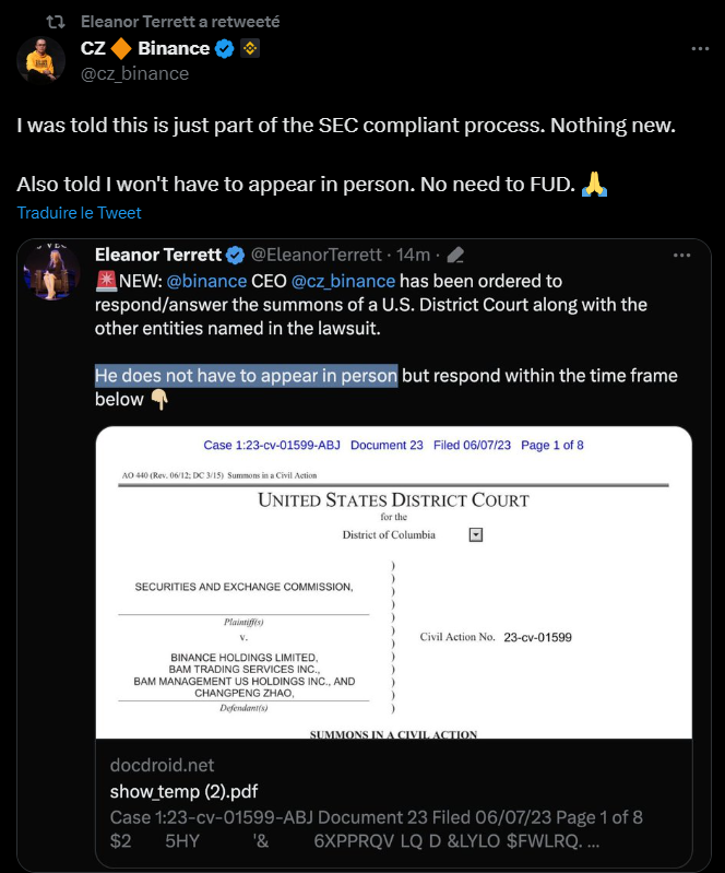 CZ et Binance US doivent faire face à des plaintes de la SEC concernant les affaires menées aux Etats-Unis. Dans ce cadre là, plusieurs assignations à comparaitre ont été lancée par la cour de district des Etats-Unis pour le District de Columbia. 