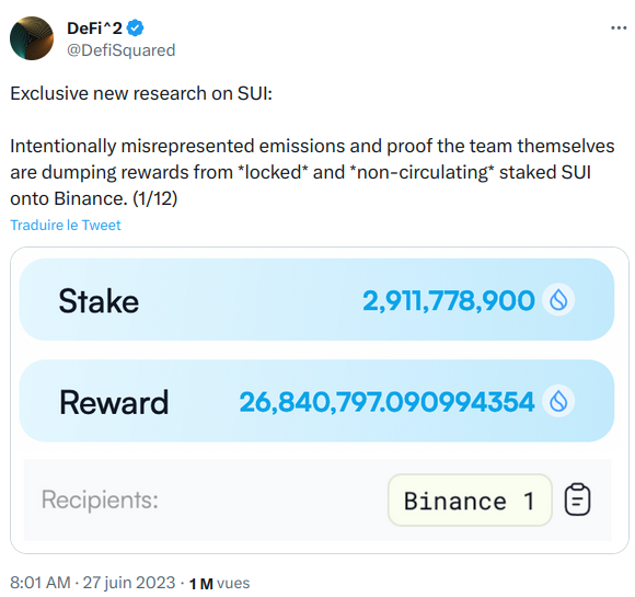 Thread publié par @DefiSquared, accusant SUI de malversations