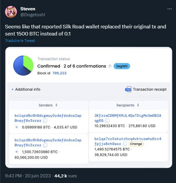 1 500 BTC issus d'un wallet connectés à SIlk Road auraient bougé sur la blockchain.