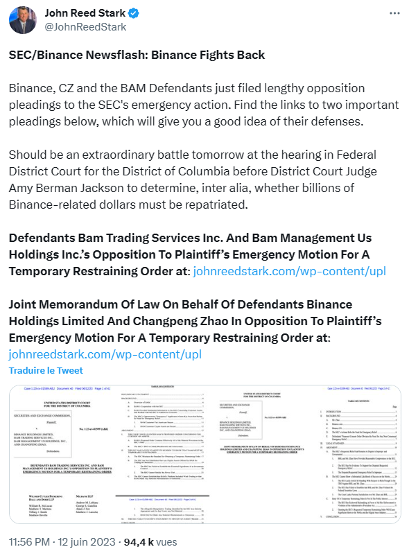 Binance argumente sa défense pour ne pas voir ses actifs geler par la SEC
