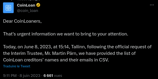 Annonce de CoinLoan sur Twitter.