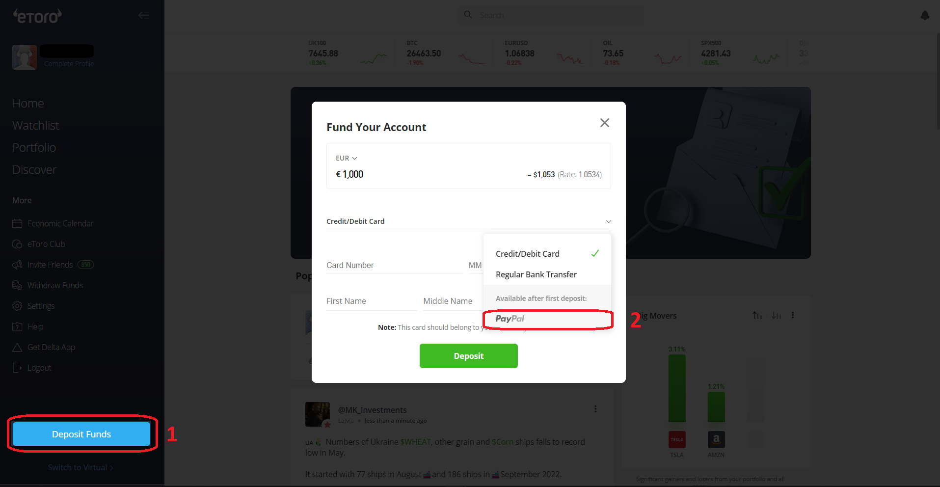 Dépôt de fond sur eToro avec Paypal