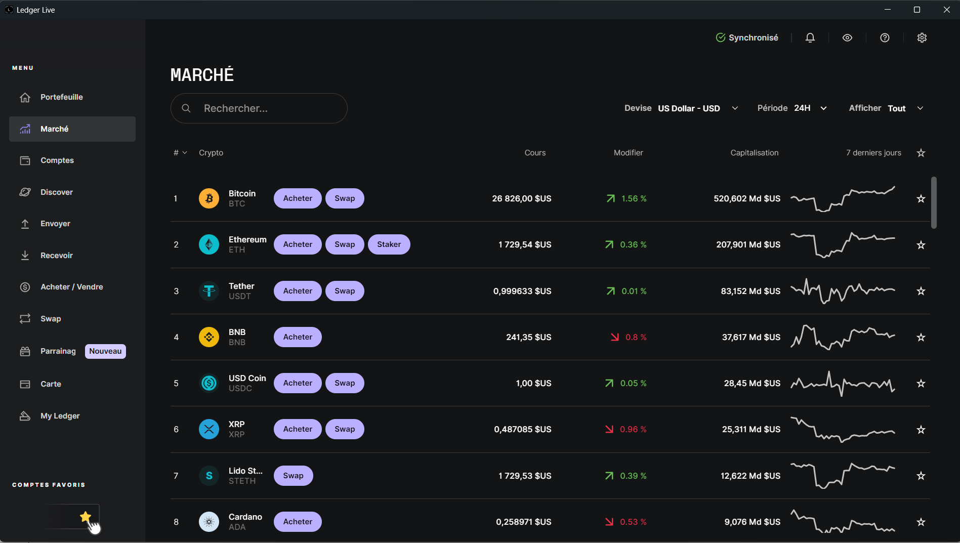 Onglet marché sur Ledger Live