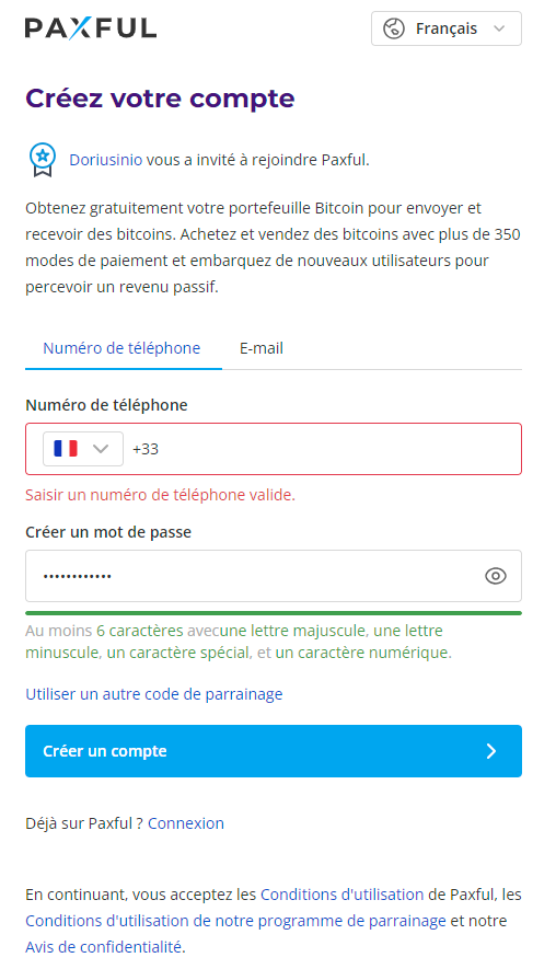 Création de compte sur Paxful