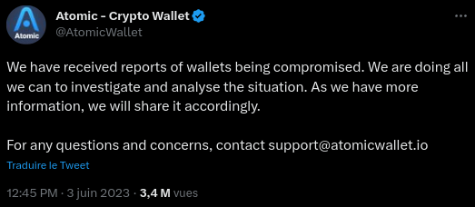 Tweet d'alerte publié par Atomic Wallet concernant une faille sur le portefeuille.