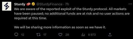 Les équipes de Sturdy annonce le hack sur Twitter