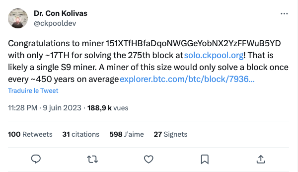 Tweet d'annonce du minage solo de bitcoins