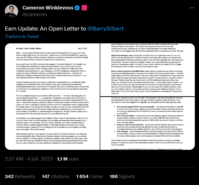 Les frères Winklevoss en ont visiblement assez d'attendre une réponse de Digital Currency Group et de Barry Silbert. C'est pourquoi ils sont passé à l'offensive avec cette lettre ouverte parue il y a quelques jours et posant un ultimatum le 6 juillet prochain.