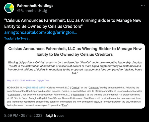 Celsius sera donc géré par Fahrenheit Holdings, un groupement de sociétés expertes dans le domaine des cryptos