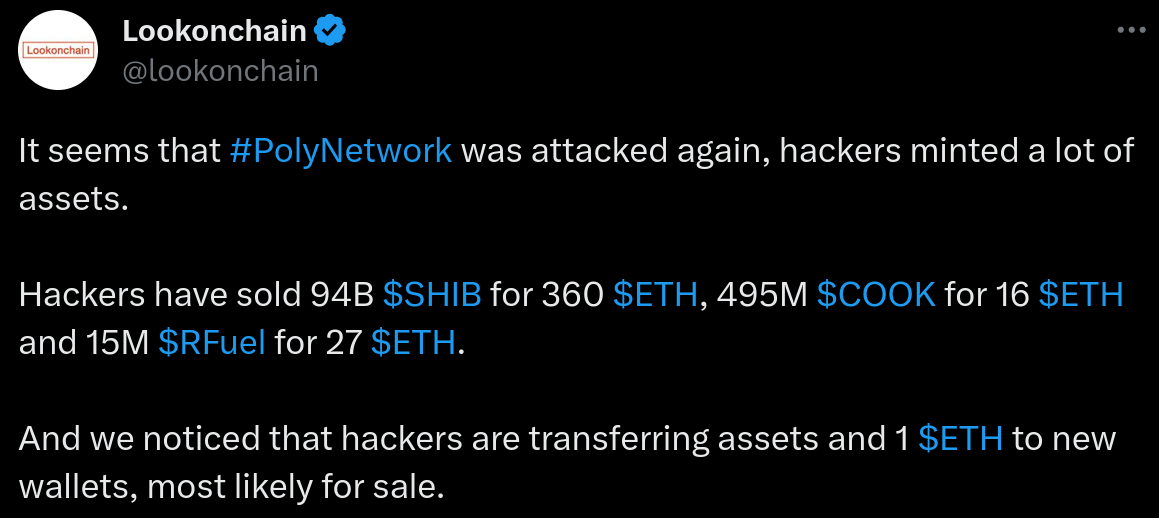 Tweet de Lookonchain qui fait le bilan de l'attaque de PolyNetwork.