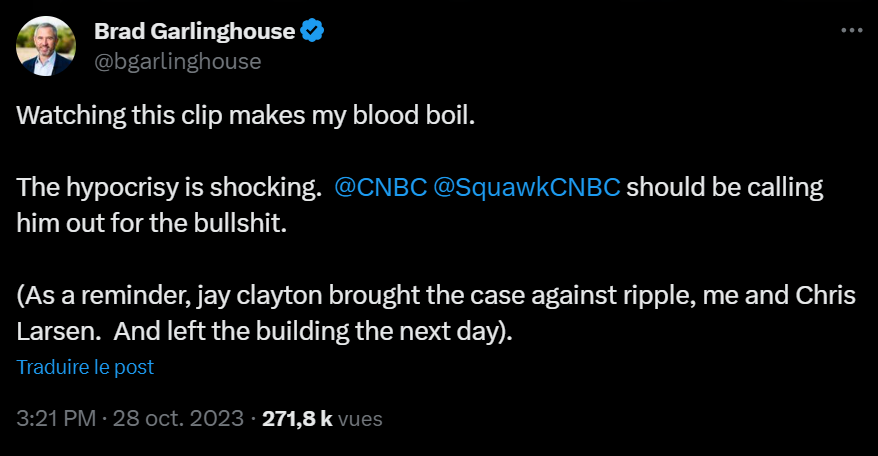 Brad Garlinghouse a ressorti du placard à archives une interview de Jay Clayton qui critique la façon dont la SEC décide, ou non, de poursuive telle ou telle société. Problème ? Selon, le boss de Ripple, M. Calyton aurait fait exactement la même chose ! 