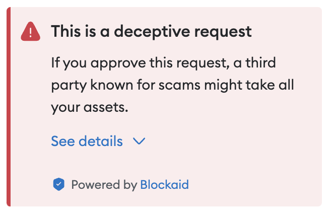 Exemple de message d'alerte envoyé par MetaMask.