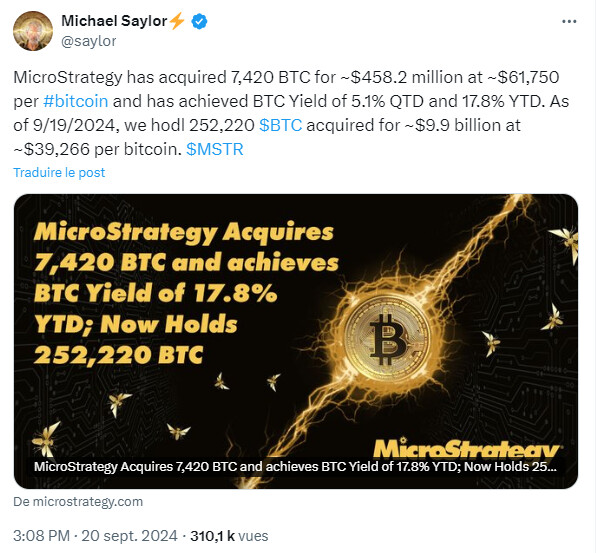 Bitcoin : MicroStrategy acquiert 7 420 BTC de plus et dépasse le quart de milliard de bitcoins !